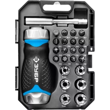 Набор ЗУБР &quot;ПРОФЕССИОНАЛ&quot;: Отвертка реверсив с двухкомп рукоят, насадки, CrMo, рукоят с отсеком для хранения бит, 24 предмета 25353-H24 купить в Уфе