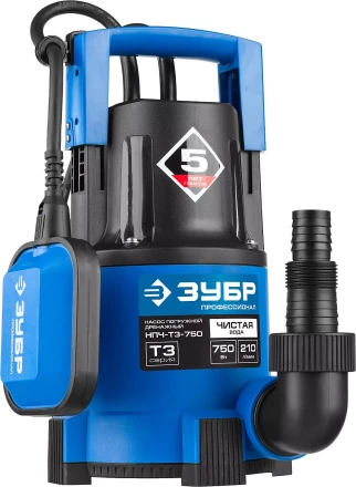 Насос ЗУБР &quot;ПРОФЕССИОНАЛ&quot; Т3 погружной дренажный для чистой воды (d пропускаемых частиц до 5мм), 750Вт, пропускная способность 210л/мин, напор 8,5м НПЧ-Т3-750 купить в Уфе