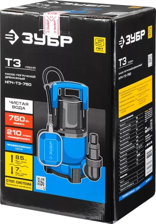 Насос ЗУБР &quot;ПРОФЕССИОНАЛ&quot; Т3 погружной дренажный для чистой воды (d пропускаемых частиц до 5мм), 750Вт, пропускная способность 210л/мин, напор 8,5м НПЧ-Т3-750 купить в Уфе