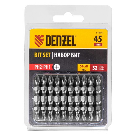 Бита двухсторонняя, PH2-PH1 х 45 мм, сталь S2, 10 шт. Denzel 11674 купить в Уфе