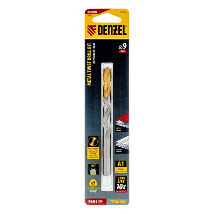 Сверло спиральное по металлу Denzel, 9 x 125 мм, Р6М5, Golden Tip, 718241 купить в Уфе