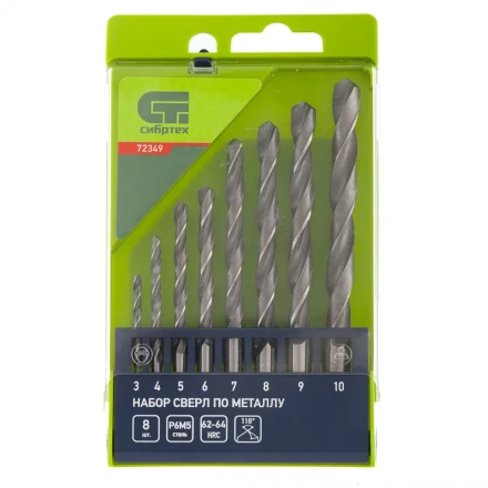 Набор сверл по металлу 3-10 мм 8 штук Р6М5 пластиковый кейс СИБРТЕХ артикул 72349 купить в Уфе
