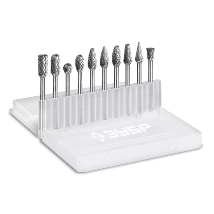 Зубр Набор твердосплавных борфрез для гравера, 10 шт.: 6 мм: B0616, C0616, D0605, E0610, F0618, G0618, H0618, L0616, M0618, N0608 (28816-H10) купить в Уфе
