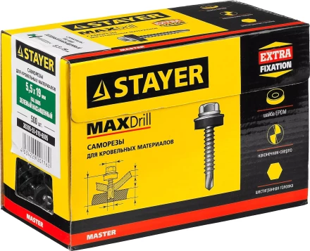 Саморезы СКМ кровельные, RAL 6005 зеленый насыщенный, 19 x 5.5 мм, 500 шт, для металлических конструкций, STAYER 30305-55-019-6005 купить в Уфе