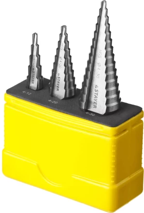 Набор STAYER &quot;MASTER&quot;: Ступенчатые сверла по сталям и цвет.мет., сталь HSS, d=4-12мм,5 ступ. d 4-20 мм 9 ступ., d 4-30мм 14ступ. 29660-4-30-H3 купить в Уфе