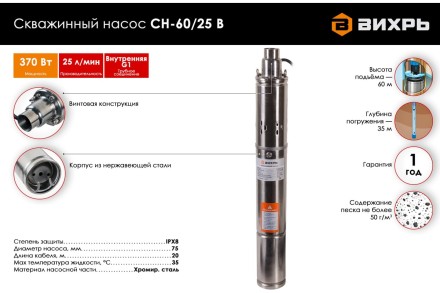 Скважинный насос Вихрь СН-60/25 В 68/3/14 купить в Уфе