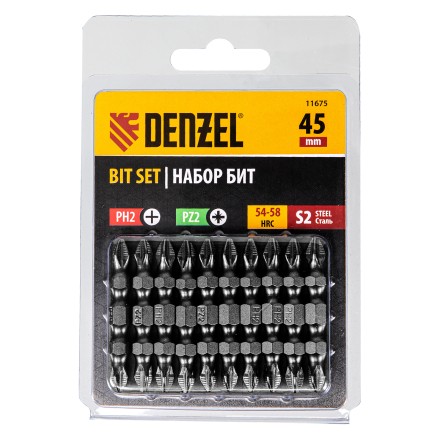 Бита двухсторонняя, PH2-PZ2 х 45 мм, сталь S2, 10 шт. Denzel 11675 купить в Уфе