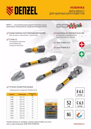 Бита IMPACT, PH2x50 мм, лазерная обработка шлица, сталь S2, 10 шт., Е 6,3 Denzel 11689 купить в Уфе