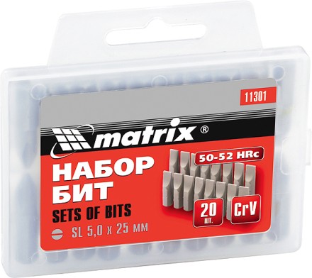 Набор бит SL5,0 x 25 мм, сталь 45Х, 20 шт., в пласт. боксе  MATRIX 11301 купить в Уфе