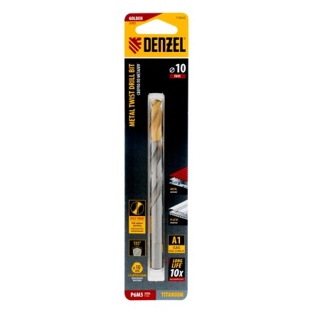 Сверло спиральное по металлу Denzel, 10 x 133 мм, Р6М5, Golden Tip, 718242 купить в Уфе