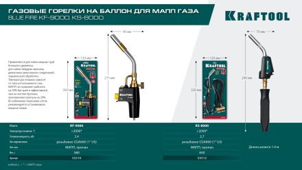 Blue Fire KS-8000  горелка для МАПП / MAPP газа,  с пъезоподжигом, на баллон c резьбовым соединением US 1, 2000°C 55512 купить в Уфе