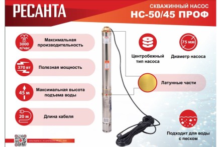 Скважинный насос Ресанта НС 50/45 ПРОФ 77/3/3 купить в Уфе