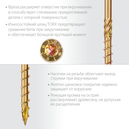 ЗУБР КС-П, 80 х 4.5 мм, TX25, потайная головка, желтый цинк, 100 шт, конструкционный саморез, Профессионал (30041-45-080) купить в Уфе
