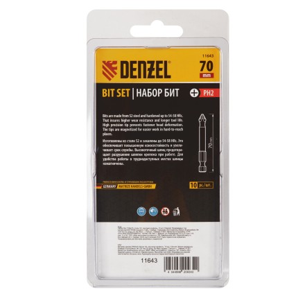 Бита PH2х70, сталь S2, цилиндр., 10 шт. Е 6,3 Denzel 11643 купить в Уфе