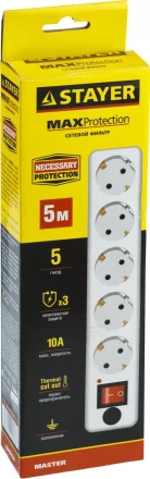 Сетевой фильтр STAYER &quot;MASTER&quot; электрический, 5 гнезд, макс. мощн. 2200 Вт, 5м 55066-5 купить в Уфе