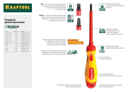 Отвертка KRAFTOOL, высоковольтная, Cr-Mo-V стержень, двухкомпонент. маслобензостойкая рукоятка, SL, 2,5х75мм 250083-2.5-075 купить в Уфе