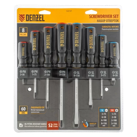 Набор отверток на полке Denzel, 8 шт., PH+SL, S2, 3к рукоятка, 122137 купить в Уфе