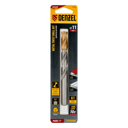 Сверло спиральное по металлу Denzel, 11 x 142 мм, Р6М5, Golden Tip, 718243 купить в Уфе