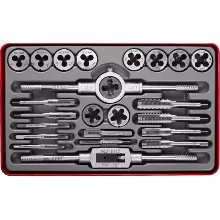 Набор ЗУБР &quot;ЭКСПЕРТ&quot; с металлореж. инструментом, метчики однопроходные и плашки М5-М12, оснастка-в метал. боксе, 24пред. 28116-H24 купить в Уфе