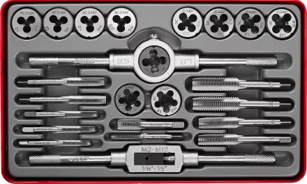 Набор ЗУБР &quot;ЭКСПЕРТ&quot; с металлореж. инструментом, метчики однопроходные и плашки М5-М12, оснастка-в метал. боксе, 24пред. 28116-H24 купить в Уфе