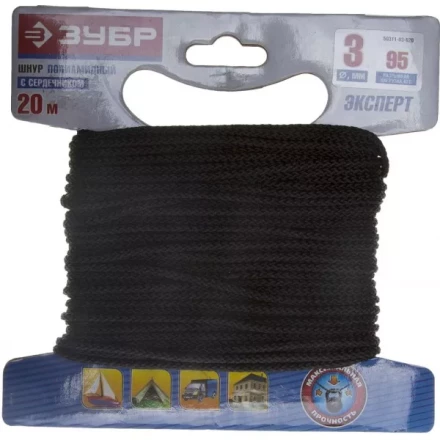 Шнур ЗУБР полиамидный, плетеный, повышенной нагрузки, с сердечником, черный, d 3, 20м 50311-03-020 купить в Уфе