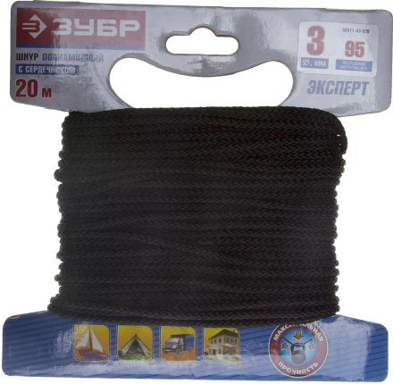 Шнур ЗУБР полиамидный, плетеный, повышенной нагрузки, с сердечником, черный, d 3, 20м 50311-03-020 купить в Уфе