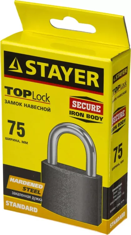 Замок STAYER "STANDARD" навесной, металлический корпус, закаленная дужка, 75 мм 37160-75 купить в Уфе