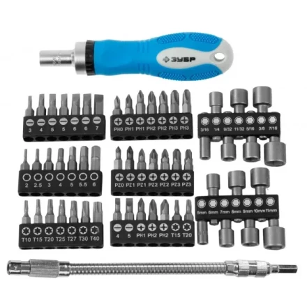 Набор ЗУБР Отвертка &quot;ЭКСПЕРТ&quot; реверс., 2-хкомп. ручка,биты 30мм, торц.головки,гибкий удл. с магнит. фикс. 215мм, 58пред 25280-H58 купить в Уфе