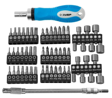 Набор ЗУБР Отвертка &quot;ЭКСПЕРТ&quot; реверс., 2-хкомп. ручка,биты 30мм, торц.головки,гибкий удл. с магнит. фикс. 215мм, 58пред 25280-H58 купить в Уфе