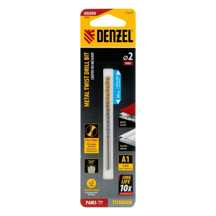 Сверло спиральное по металлу Denzel  2 х 86 мм Р6М5, Golden Tip, удлиненное, 2шт., 718245 купить в Уфе