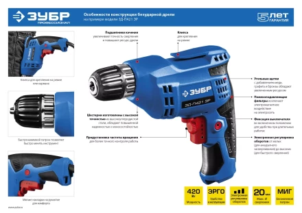 Дрель реверсивная ЗД-П421 ЭР серия ПРОФЕССИОНАЛ купить в Уфе