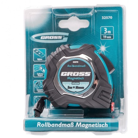 Рулетка Magnetisch 3 м х 16 мм обрезиненный корпус автоматическая фиксация Нейлоновое покрытиеытие зацеп с магнитом Gross 32570 купить в Уфе