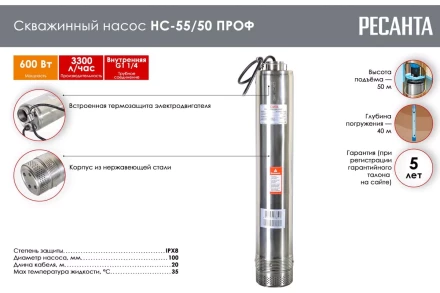 Скважинный насос Ресанта НС-55/50 ПРОФ 77/3/1 купить в Уфе