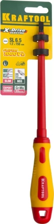 Отвертка KRAFTOOL, высоковольтная, Cr-Mo-V стержень, двухкомпонент. маслобензостойкая рукоятка, SL, 6,5х150мм 250083-6.5-150 купить в Уфе