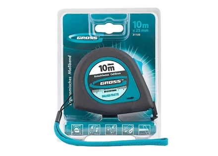 Рулетка &quot;Ergonomisch&quot;,10 м x 25 мм, магнитный обрезиненный зацеп  GROSS 31105 купить в Уфе