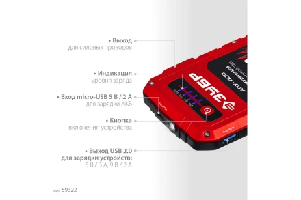 ЗУБР АПУ-400, 12 В, макс. 400 А, аккумуляторное пусковое устройство (59322) купить в Уфе