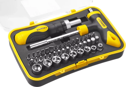 Набор STAYER &quot;MASTER&quot; &quot;HERCULES&quot;: Отвертка реверсивная, Т-образная отвертка-битодержатель, адаптер для торц голов, 43 предм 25084-H43 купить в Уфе