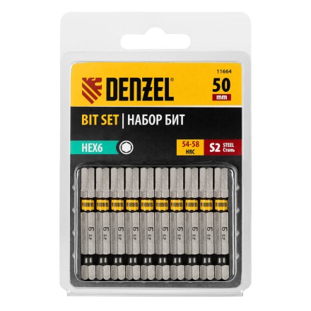 Бита HEX 6х50, сталь S2, шестигранный профиль, 10 шт. Е 6,3 Denzel 11664 купить в Уфе