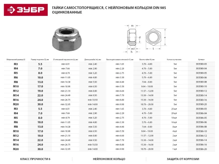 Гайка DIN 985 с нейлоновым кольцом, M8, 8 шт, кл. пр. 6, оцинкованная, ЗУБР 303586-08 купить в Уфе
