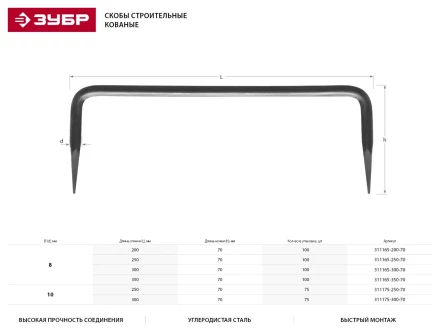 Скоба строительная кованая ЗУБР &quot;МАСТЕР&quot;, 8х250х70 мм, 100 шт 311165-250-70 купить в Уфе