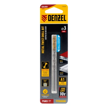 Сверло спиральное по металлу 3 х 100 мм, Р6М5, Golden Tip, удлиненное, 2шт. Denzel 718247 купить в Уфе
