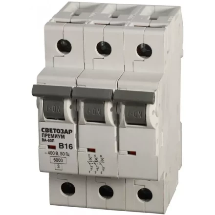 Выключатель автоматический СВЕТОЗАР &quot;ПРЕМИУМ&quot; 3-полюсный, 20 A, &quot;B&quot;, откл. сп. 6 кА, 400 В SV-49013-20-B купить в Уфе