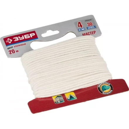 Шнур ЗУБР хлопковый плетеный, натуральный, без сердечника, d=4, 20 м, 30 кгс, 5,5 ктекс 50350-04-020 купить в Уфе