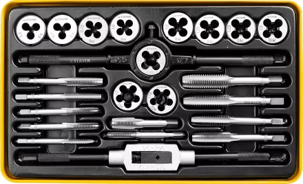 Набор метчиков и плашек STAYER &quot;MASTER&quot;, метчикодержатель 1шт, плашкодержатель 1шт, метчики 11шт, плашки 11шт, 24 предмета 28020-H24 купить в Уфе