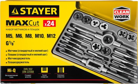 Набор метчиков и плашек STAYER &quot;MASTER&quot;, метчикодержатель 1шт, плашкодержатель 1шт, метчики 11шт, плашки 11шт, 24 предмета 28020-H24 купить в Уфе