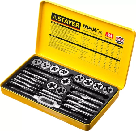 Набор метчиков и плашек STAYER &quot;MASTER&quot;, метчикодержатель 1шт, плашкодержатель 1шт, метчики 11шт, плашки 11шт, 24 предмета 28020-H24 купить в Уфе