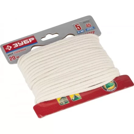 Шнур ЗУБР хлопковый плетеный, натуральный, без сердечника, d=5, 20 м, 45 кгс, 9,5 ктекс 50350-05-020 купить в Уфе