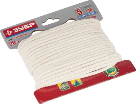 Шнур ЗУБР хлопковый плетеный, натуральный, без сердечника, d=5, 20 м, 45 кгс, 9,5 ктекс 50350-05-020 купить в Уфе