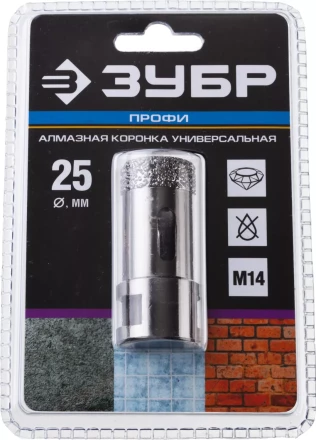 Алмазная коронка ЗУБР &quot;ПРОФЕССИОНАЛ&quot; универсальная для УШМ, сухое сверление, алмазы на вакуумной пайке,  посадка М14, d=25мм 29865-25 купить в Уфе
