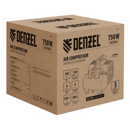 Компрессор Denzel DLS750/6 58019 безмасляный малошумный 750 Вт, 140 л/мин,ресивер 6 л купить в Уфе
